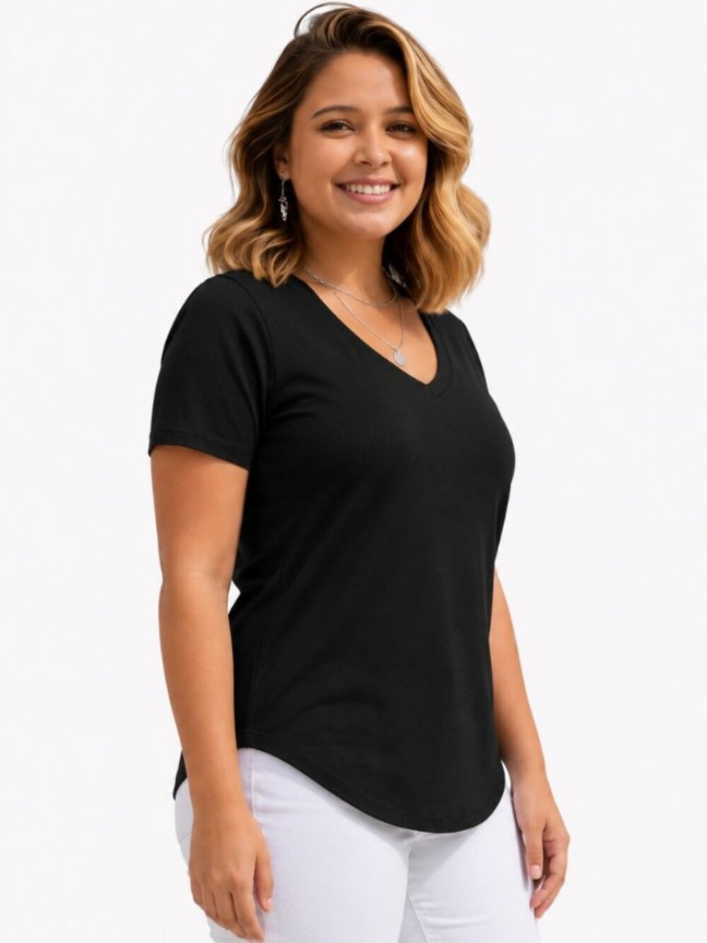 Women's V Neck Short Sleeve Summer T Shirts Curved Hem, BLACK, Size LARGE